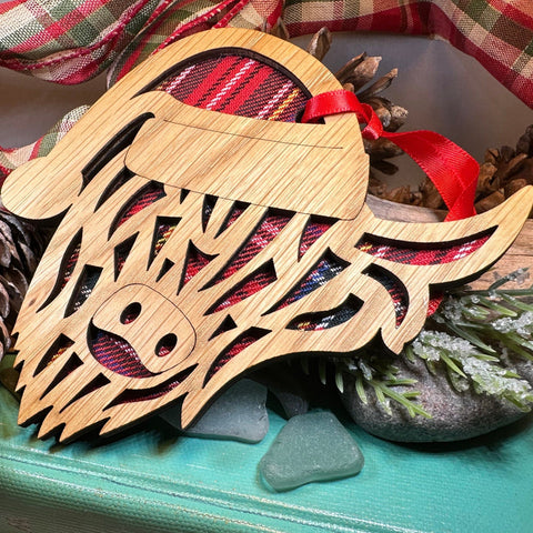 Load image into Gallery viewer, Highland Cow Ornament, Santa Christmas Ornament, Scotland Gift, Scottish Cow, Tartan Gift, Christmas Tree Ornament, Holiday Oak Wood Plaque
