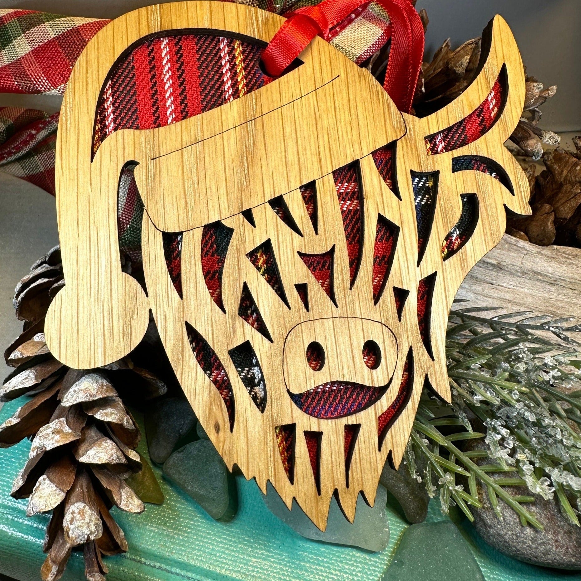 Highland Cow Ornament, Santa Christmas Ornament, Scotland Gift, Scottish Cow, Tartan Gift, Christmas Tree Ornament, Holiday Oak Wood Plaque