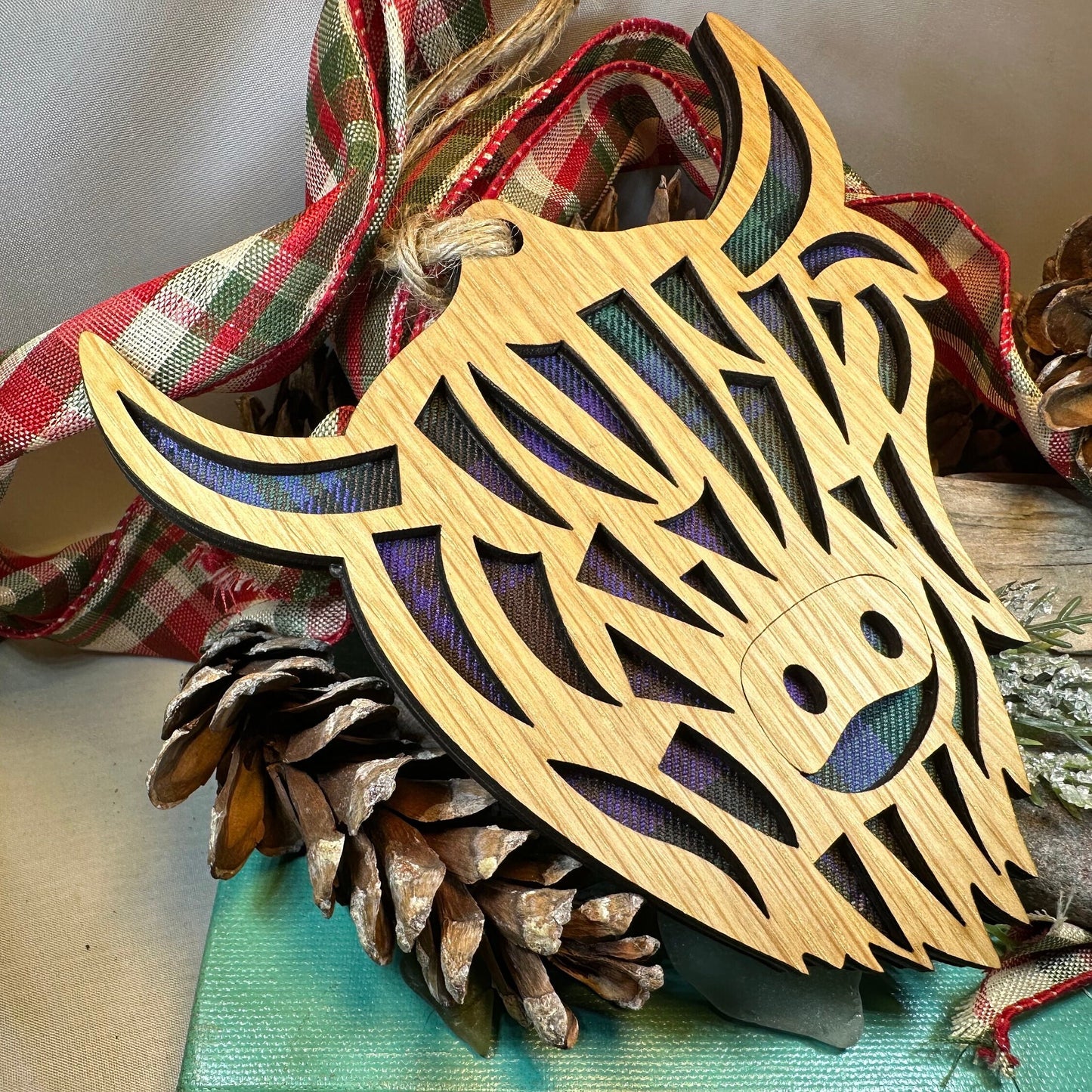 Highland Cow Ornament, Christmas Ornament, Scotland Gift, Scottish Cow, Tartan Gift, Christmas Tree Ornament, Holiday Gift, Oak Wood Plaque