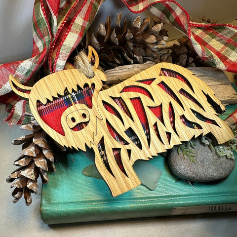 Load image into Gallery viewer, Highland Cow Ornament, Christmas Ornament, Scotland Gift, Scottish Cow, Tartan Gift, Christmas Tree Ornament, Holiday Gift, Oak Wood Plaque
