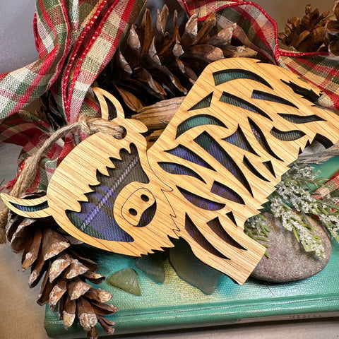 Load image into Gallery viewer, Highland Cow Ornament, Christmas Ornament, Scotland Gift, Scottish Cow, Tartan Gift, Christmas Tree Ornament, Holiday Gift, Oak Wood Plaque
