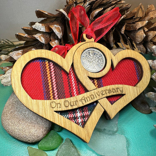 Scottish Anniversary Gift, Lucky Sixpence, Scotland Gift, Tree Ornament, Tartan Gift, Christmas Ornament, Good Luck Gift, Oak Wood Plaque
