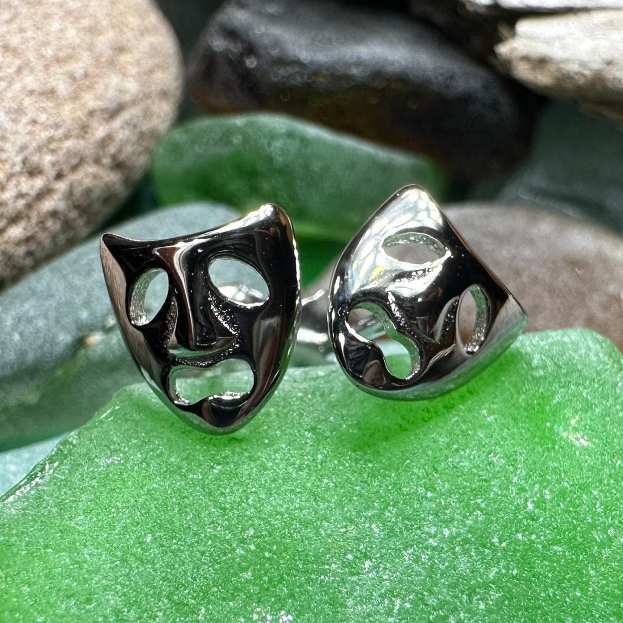 Theater Mask Stud Earrings in silver