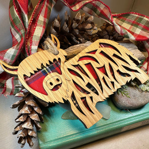 Load image into Gallery viewer, Highland Cow Ornament, Christmas Ornament, Scotland Gift, Scottish Cow, Tartan Gift, Christmas Tree Ornament, Holiday Gift, Oak Wood Plaque
