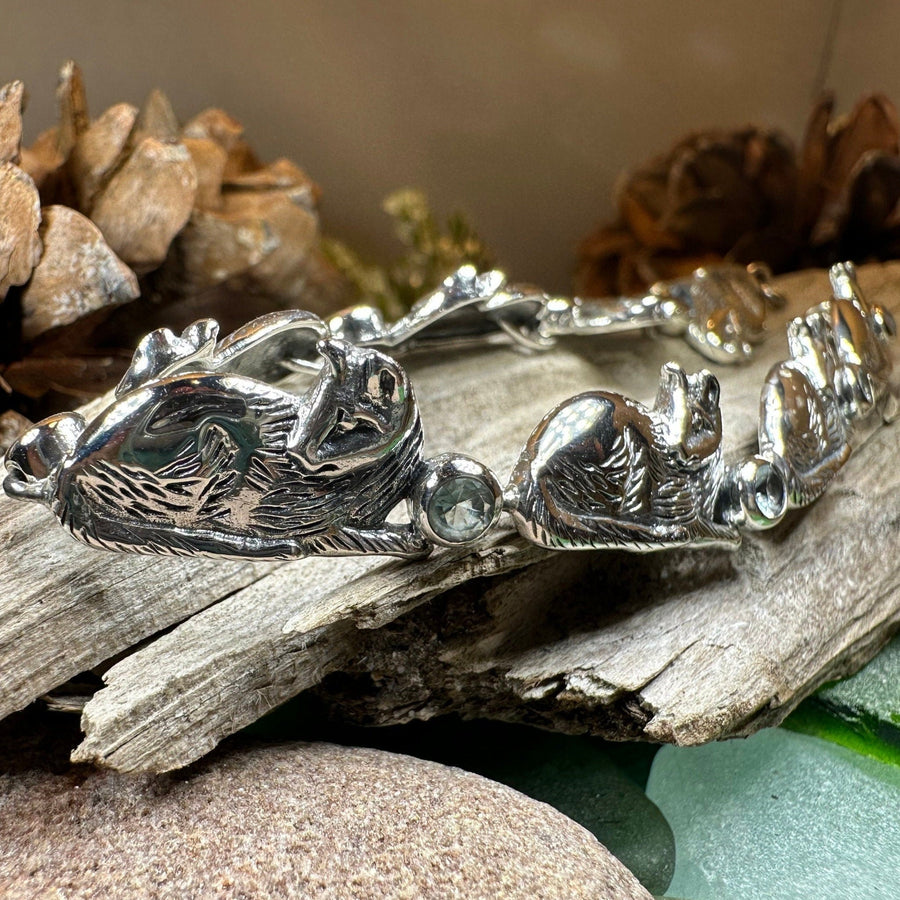 Cat Bracelet, Celtic Jewelry, Sitting Cat Bracelet, Nature Jewelry, Animal Bracelet, Blue Topaz Gift, Silver Wife Gift, Silver Link Bracelet