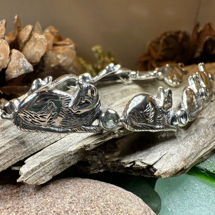 Cat Bracelet, Celtic Jewelry, Sitting Cat Bracelet, Nature Jewelry, Animal Bracelet, Blue Topaz Gift, Silver Wife Gift, Silver Link Bracelet