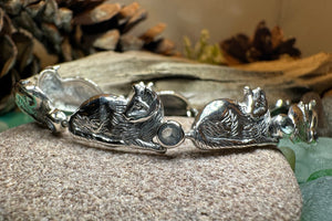 Cat Bracelet, Celtic Jewelry, Sitting Cat Bracelet, Nature Jewelry, Animal Bracelet, Blue Topaz Gift, Silver Wife Gift, Silver Link Bracelet