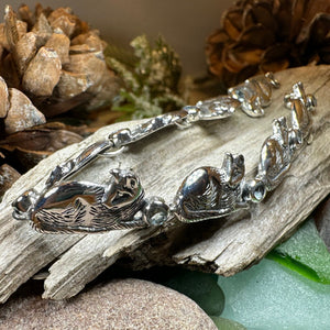 Cat Bracelet, Celtic Jewelry, Sitting Cat Bracelet, Nature Jewelry, Animal Bracelet, Blue Topaz Gift, Silver Wife Gift, Silver Link Bracelet