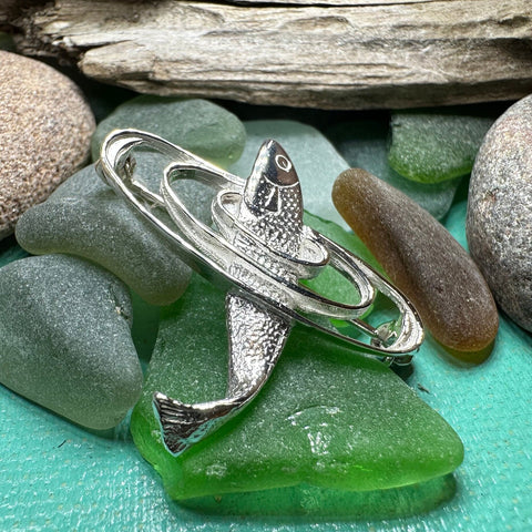 Load image into Gallery viewer, Salmon of Knowledge Brooch, Celtic Jewelry, Irish Pin, Gift for Fishing Lover, Anniversary Gift, Nature Jewelry, Realistic Fish Pin, Artisan
