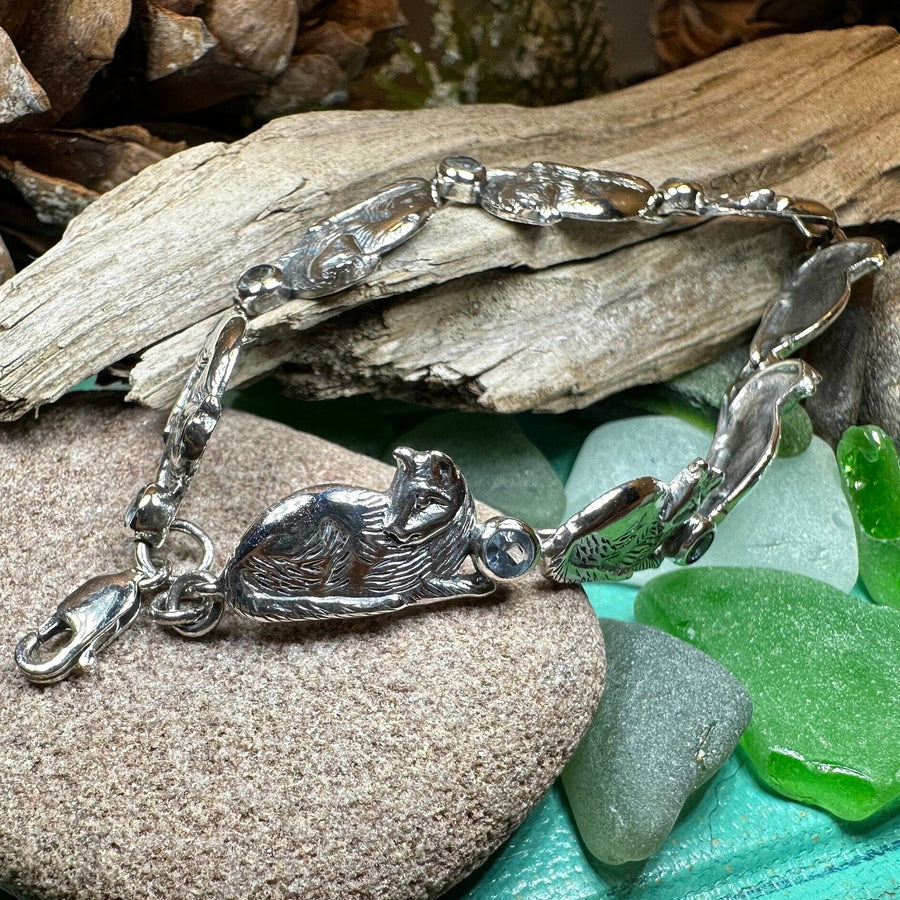 Cat Bracelet, Celtic Jewelry, Sitting Cat Bracelet, Nature Jewelry, Animal Bracelet, Blue Topaz Gift, Silver Wife Gift, Silver Link Bracelet