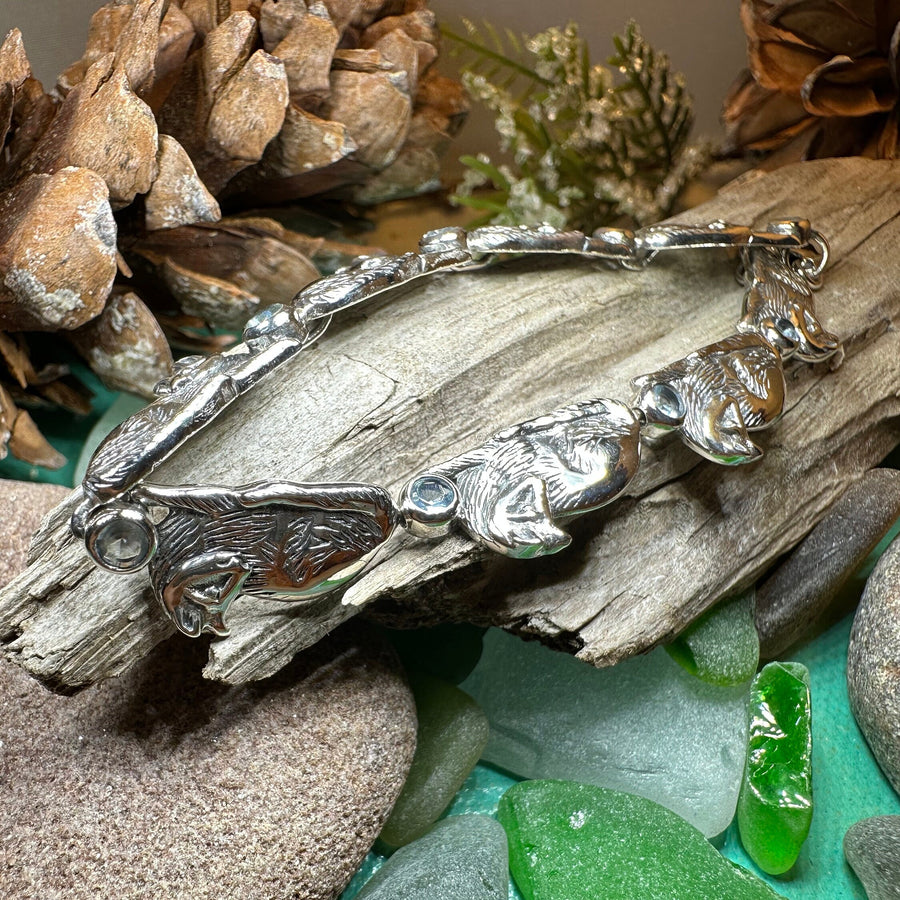 Cat Bracelet, Celtic Jewelry, Sitting Cat Bracelet, Nature Jewelry, Animal Bracelet, Blue Topaz Gift, Silver Wife Gift, Silver Link Bracelet