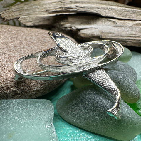 Load image into Gallery viewer, Salmon of Knowledge Brooch, Celtic Jewelry, Irish Pin, Gift for Fishing Lover, Anniversary Gift, Nature Jewelry, Realistic Fish Pin, Artisan
