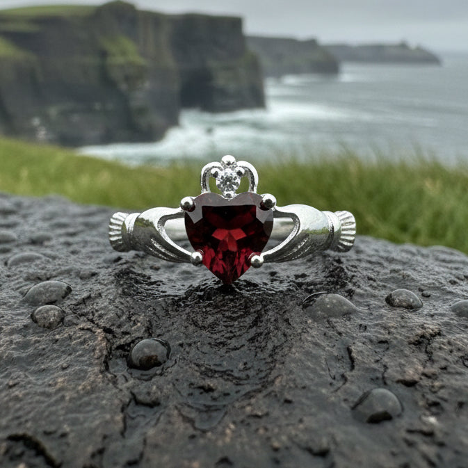 Claddagh Ring, Celtic Jewelry, Ireland Jewelry, Garnet Bridal Ring, Ireland Ring, Heart Ring, Anniversary Gift, Girlfriend Gift, Wife Gift