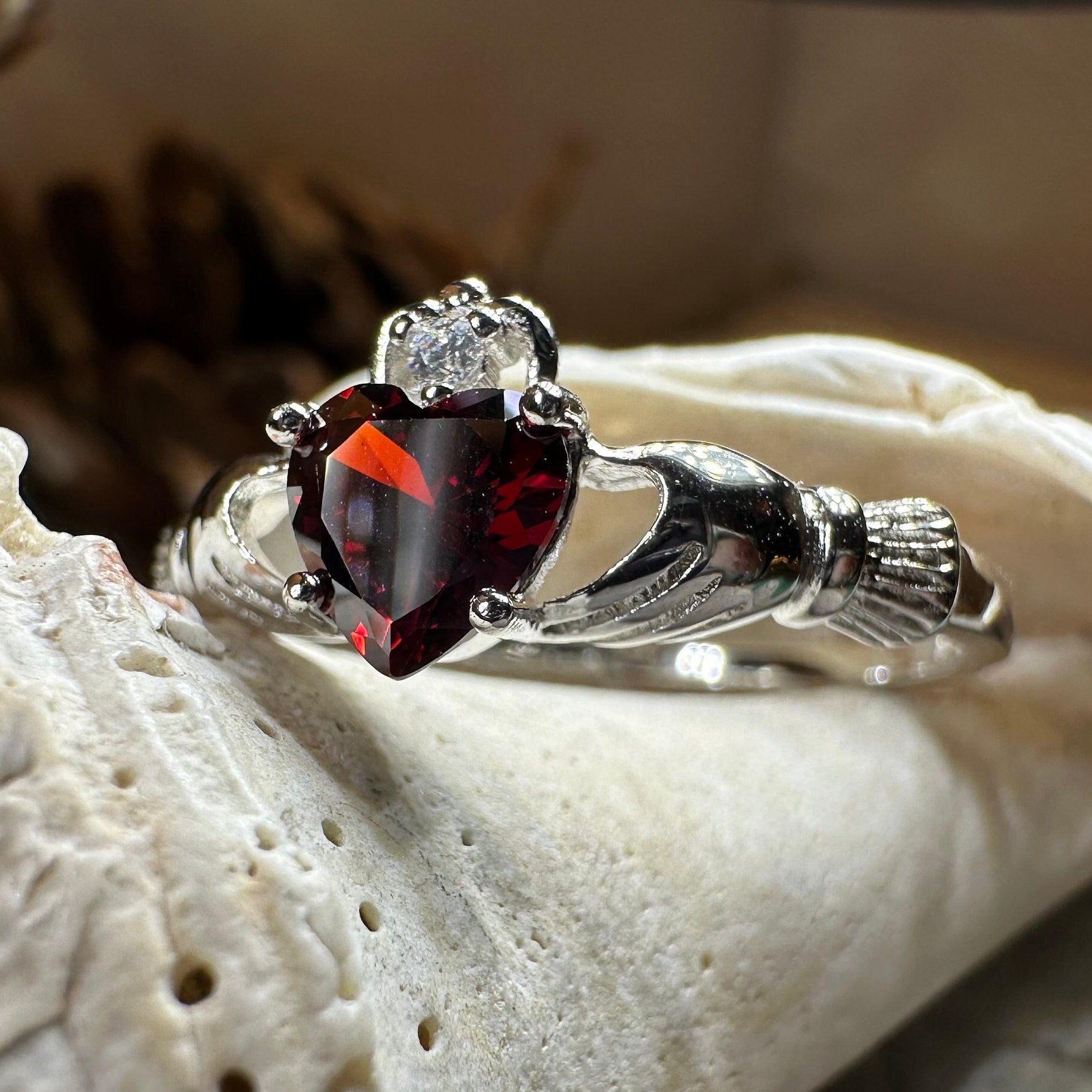 Claddagh Ring, Celtic Jewelry, Ireland Jewelry, Garnet Bridal Ring, Ireland Ring, Heart Ring, Anniversary Gift, Girlfriend Gift, Wife Gift