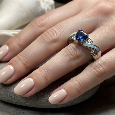 Load image into Gallery viewer, Opal Celtic Ring, Celtic Ring, Sapphire Promose Ring, Silver Opal Ring, Anniversary Gift, Cocktail Ring, Blue Birthstone Ring, Wife Gift
