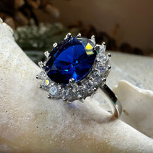 Load image into Gallery viewer, Princess Diana Sapphire Engagement Ring, Large Blue Ring, Cocktail Ring, Celtic Statement Ring, Anniversary Gift, Ladies Promise Ring
