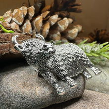 Load image into Gallery viewer, Highland Cow Brooch, Highland Coo, Scottish Pin, Anniversary Gift, Scotland Pin, Cow Lover Gift Cattle, Rancher, Silver Hairy Coo, Wife Gift
