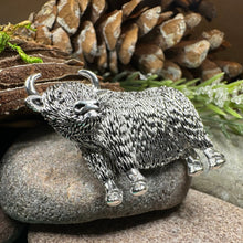 Load image into Gallery viewer, Highland Cow Brooch, Highland Coo, Scottish Pin, Anniversary Gift, Scotland Pin, Cow Lover Gift Cattle, Rancher, Silver Hairy Coo, Wife Gift
