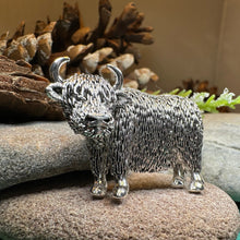 Load image into Gallery viewer, Highland Cow Brooch, Highland Coo, Scottish Pin, Anniversary Gift, Scotland Pin, Cow Lover Gift Cattle, Rancher, Silver Hairy Coo, Wife Gift
