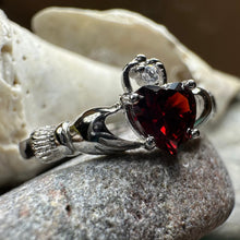 Load image into Gallery viewer, Claddagh Ring, Celtic Jewelry, Ireland Jewelry, Garnet Bridal Ring, Ireland Ring, Heart Ring, Anniversary Gift, Girlfriend Gift, Wife Gift
