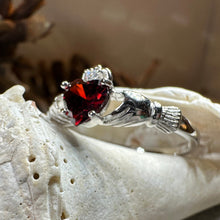 Load image into Gallery viewer, Claddagh Ring, Celtic Jewelry, Ireland Jewelry, Garnet Bridal Ring, Ireland Ring, Heart Ring, Anniversary Gift, Girlfriend Gift, Wife Gift
