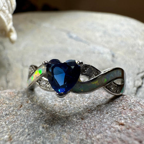 Load image into Gallery viewer, Opal Celtic Ring, Celtic Ring, Sapphire Promose Ring, Silver Opal Ring, Anniversary Gift, Cocktail Ring, Blue Birthstone Ring, Wife Gift
