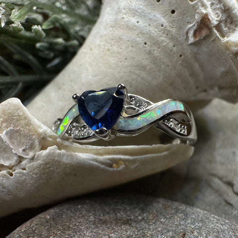 Load image into Gallery viewer, Opal Celtic Ring, Celtic Ring, Sapphire Promose Ring, Silver Opal Ring, Anniversary Gift, Cocktail Ring, Blue Birthstone Ring, Wife Gift
