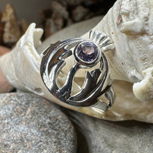 Load image into Gallery viewer, Thistle Ring, Celtic Ring, Scotland Ring, Amethyst Ring, Scottish Ring, Outlander Jewelry, Nature Ring, Thistle Jewelry, Mom Gift, Wife Gift
