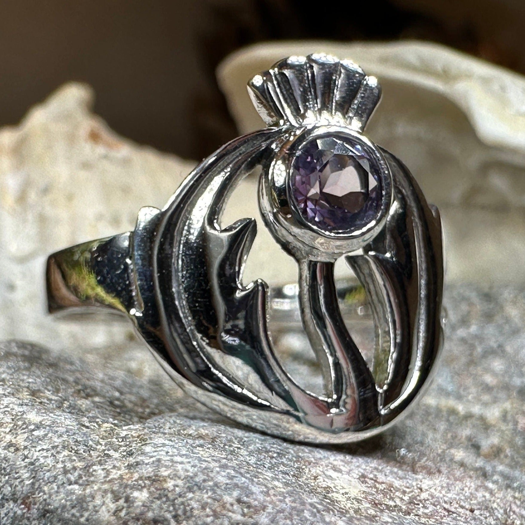 Thistle Ring, Celtic Ring, Scotland Ring, Amethyst Ring, Scottish Ring, Outlander Jewelry, Nature Ring, Thistle Jewelry, Mom Gift, Wife Gift