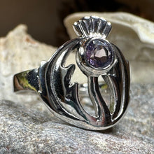 Load image into Gallery viewer, Thistle Ring, Celtic Ring, Scotland Ring, Amethyst Ring, Scottish Ring, Outlander Jewelry, Nature Ring, Thistle Jewelry, Mom Gift, Wife Gift
