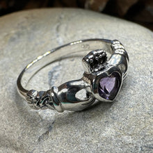 Load image into Gallery viewer, Claddagh Ring, Amethyst Celtic Ring, Irish Jewelry, Celtic Knot Jewelry, Irish Ring, Irish Dance Gift, Anniversary Gift, Bridal Ring

