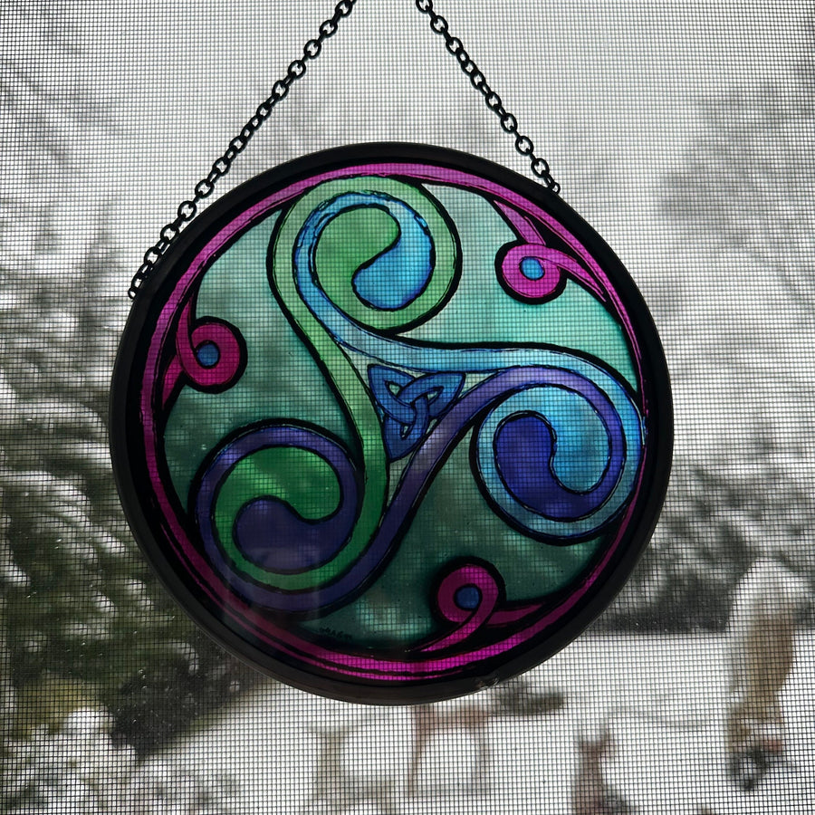 Celtic Spiral Wall Decor, Ireland Gift, Stained Glass Celtic Knot, New Home Gift, Irish Wedding Gift, Scottish Gift, Green Durrow Triskele
