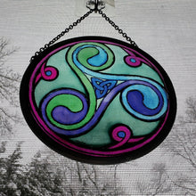 Load image into Gallery viewer, Celtic Spiral Wall Decor, Ireland Gift, Stained Glass Celtic Knot, New Home Gift, Irish Wedding Gift, Scottish Gift, Green Durrow Triskele
