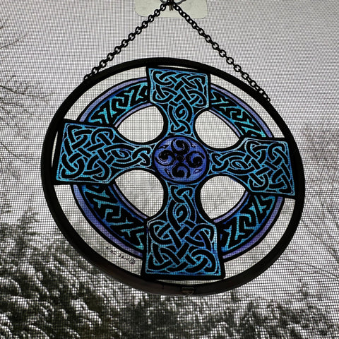 Load image into Gallery viewer, Celtic Cross Wall Decor, Ireland Gift, Stained Glass Celtic Knot, New Home Gift, Irish Wedding Gift, Scottish Gift, Blue Celtic Wall Cross
