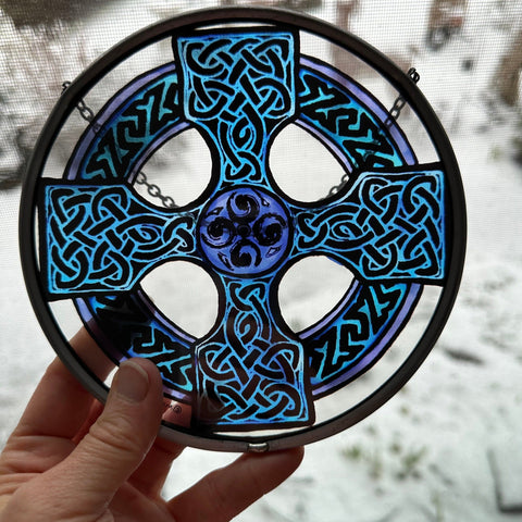 Load image into Gallery viewer, Celtic Cross Wall Decor, Ireland Gift, Stained Glass Celtic Knot, New Home Gift, Irish Wedding Gift, Scottish Gift, Blue Celtic Wall Cross

