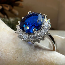 Load image into Gallery viewer, Princess Diana Sapphire Engagement Ring, Large Blue Ring, Cocktail Ring, Celtic Statement Ring, Anniversary Gift, Ladies Promise Ring
