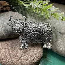 Load image into Gallery viewer, Highland Cow Brooch, Highland Coo, Scottish Pin, Anniversary Gift, Scotland Pin, Cow Lover Gift Cattle, Rancher, Silver Hairy Coo, Wife Gift
