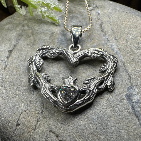 Load image into Gallery viewer, Claddagh Necklace, Celtic Pendant, Irish Jewelry, Bridal Jewelry, Anniversary Gift, Engagement Gift, Girlfriend Gift, Diamond Claddagh Gift
