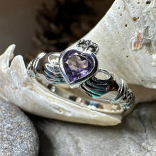 Load image into Gallery viewer, Claddagh Ring, Amethyst Celtic Ring, Irish Jewelry, Celtic Knot Jewelry, Irish Ring, Irish Dance Gift, Anniversary Gift, Bridal Ring
