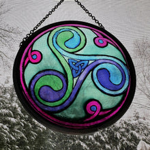Load image into Gallery viewer, Celtic Spiral Wall Decor, Ireland Gift, Stained Glass Celtic Knot, New Home Gift, Irish Wedding Gift, Scottish Gift, Green Durrow Triskele

