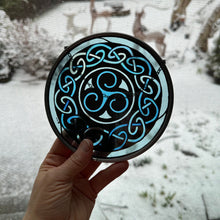 Load image into Gallery viewer, Celtic Spiral Wall Decor, Ireland Gift, Stained Glass Celtic Knot, New Home Gift, Irish Wedding Gift, Scottish Gift, Blue Brenton Triskele

