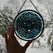 Load image into Gallery viewer, Celtic Spiral Wall Decor, Ireland Gift, Stained Glass Celtic Knot, New Home Gift, Irish Wedding Gift, Scottish Gift, Blue Brenton Triskele
