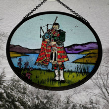 Load image into Gallery viewer, Bagpiper Wall Decor, Scottish Gift, Stained Glass Bagpipes, New Home Gift, Scotland Wedding Gift, Celtic Gift, Highland Bagpiper Gift
