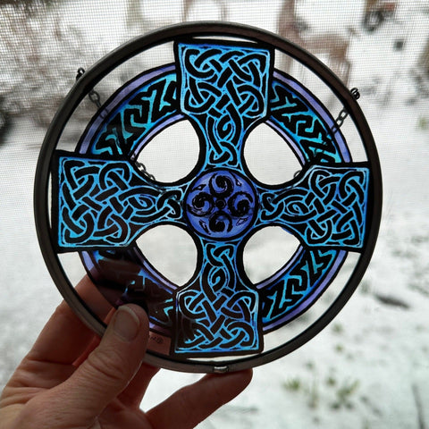Load image into Gallery viewer, Celtic Cross Wall Decor, Ireland Gift, Stained Glass Celtic Knot, New Home Gift, Irish Wedding Gift, Scottish Gift, Blue Celtic Wall Cross
