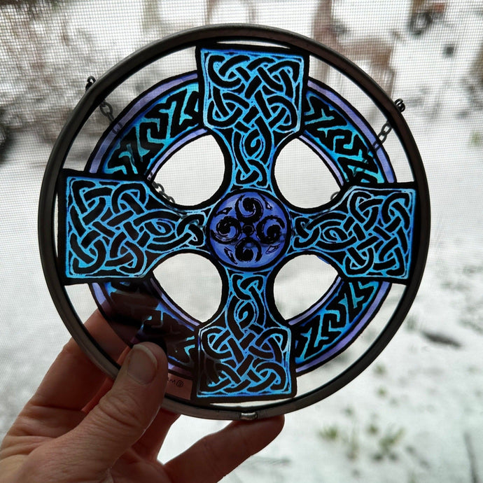 Celtic Cross Wall Decor, Ireland Gift, Stained Glass Celtic Knot, New Home Gift, Irish Wedding Gift, Scottish Gift, Blue Celtic Wall Cross