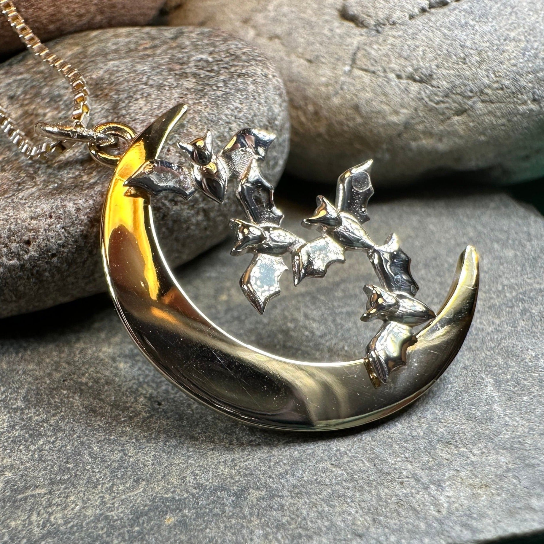 Moon Necklace, Bat Necklace, Celestial Jewelry, Mystical Jewelry, Silver Bats Jewelry, Gothic Pendant, Crescent Moon Pendant, Halloween