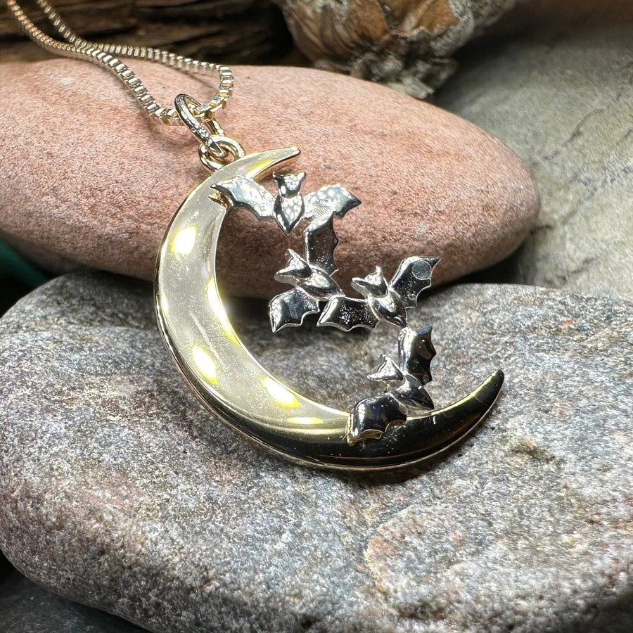 Moon Necklace, Bat Necklace, Celestial Jewelry, Mystical Jewelry, Silver Bats Jewelry, Gothic Pendant, Crescent Moon Pendant, Halloween