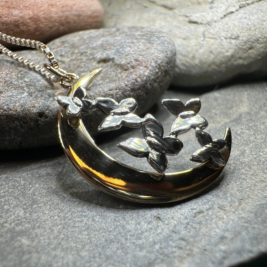 Moon Necklace, Butterflies Pendant, Celestial Jewelry, Mystical Jewelry, Silver Butterfly Jewelry, Gothic Pendant, Crescent Moon Pendant