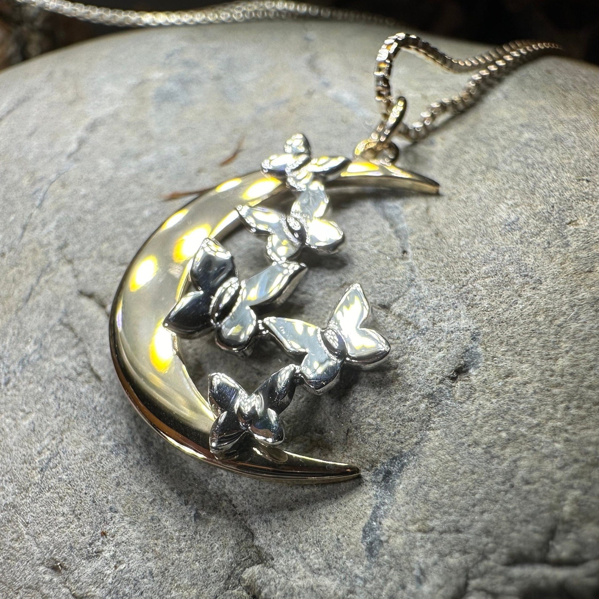 Moon Necklace, Butterflies Pendant, Celestial Jewelry, Mystical Jewelry, Silver Butterfly Jewelry, Gothic Pendant, Crescent Moon Pendant