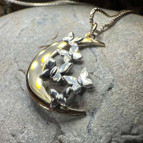 Load image into Gallery viewer, Moon Necklace, Butterflies Pendant, Celestial Jewelry, Mystical Jewelry, Silver Butterfly Jewelry, Gothic Pendant, Crescent Moon Pendant
